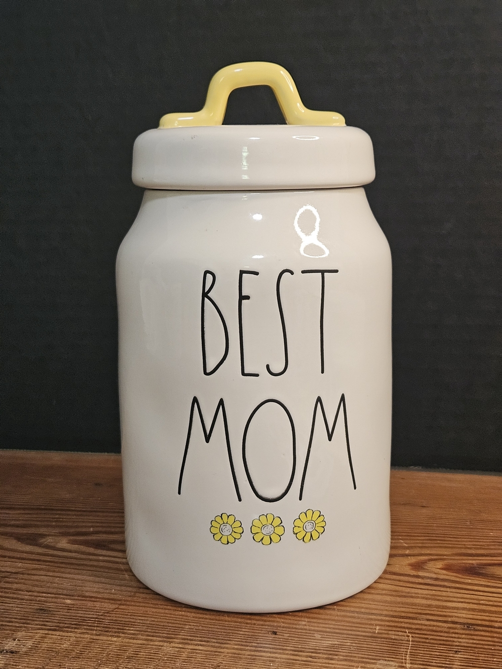 Rae Dunn White Ceramic 'Best Mom' Jar with Yellow Handle